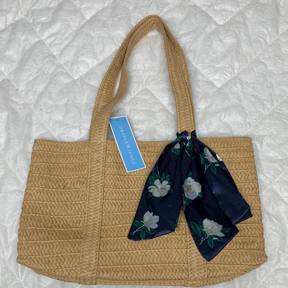 Draper James Tan Woven Tote with Navy Floral Scarf